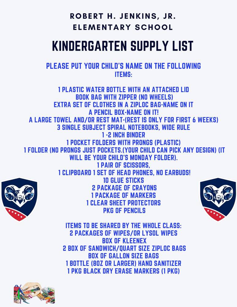 Kg. Supply Lists Robert H. Jenkins, Jr. Elementary School