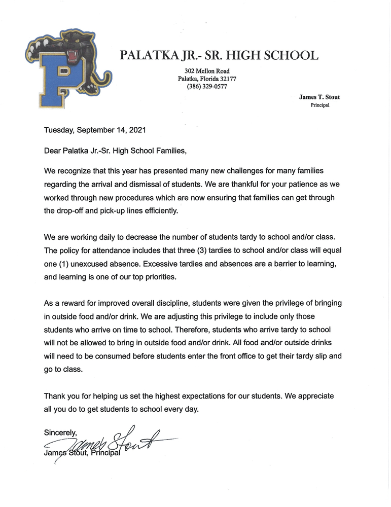 Letter from Principal Stout
