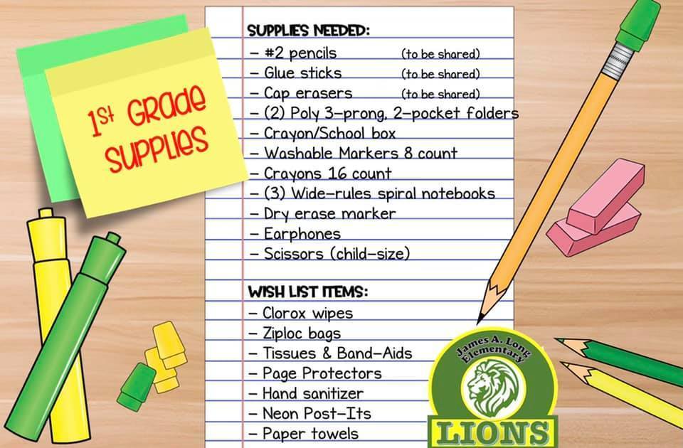 JAL 1st Grade Supply List 2122 James A. Long Elementary School