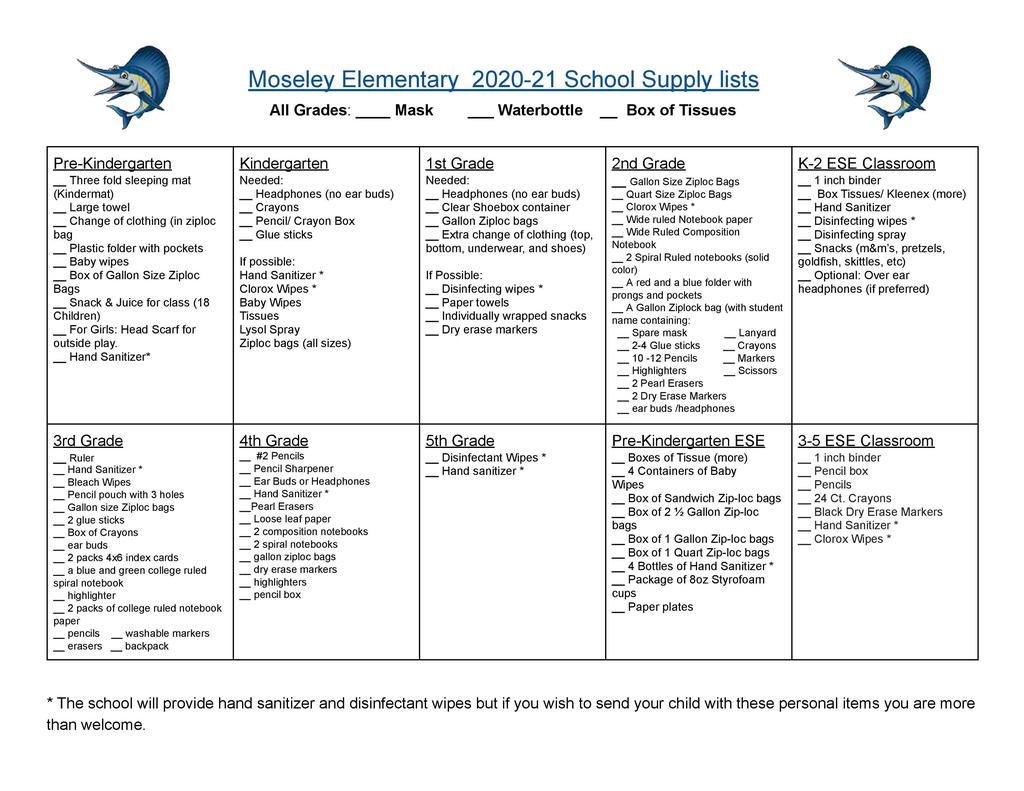 Moseley School Supply List